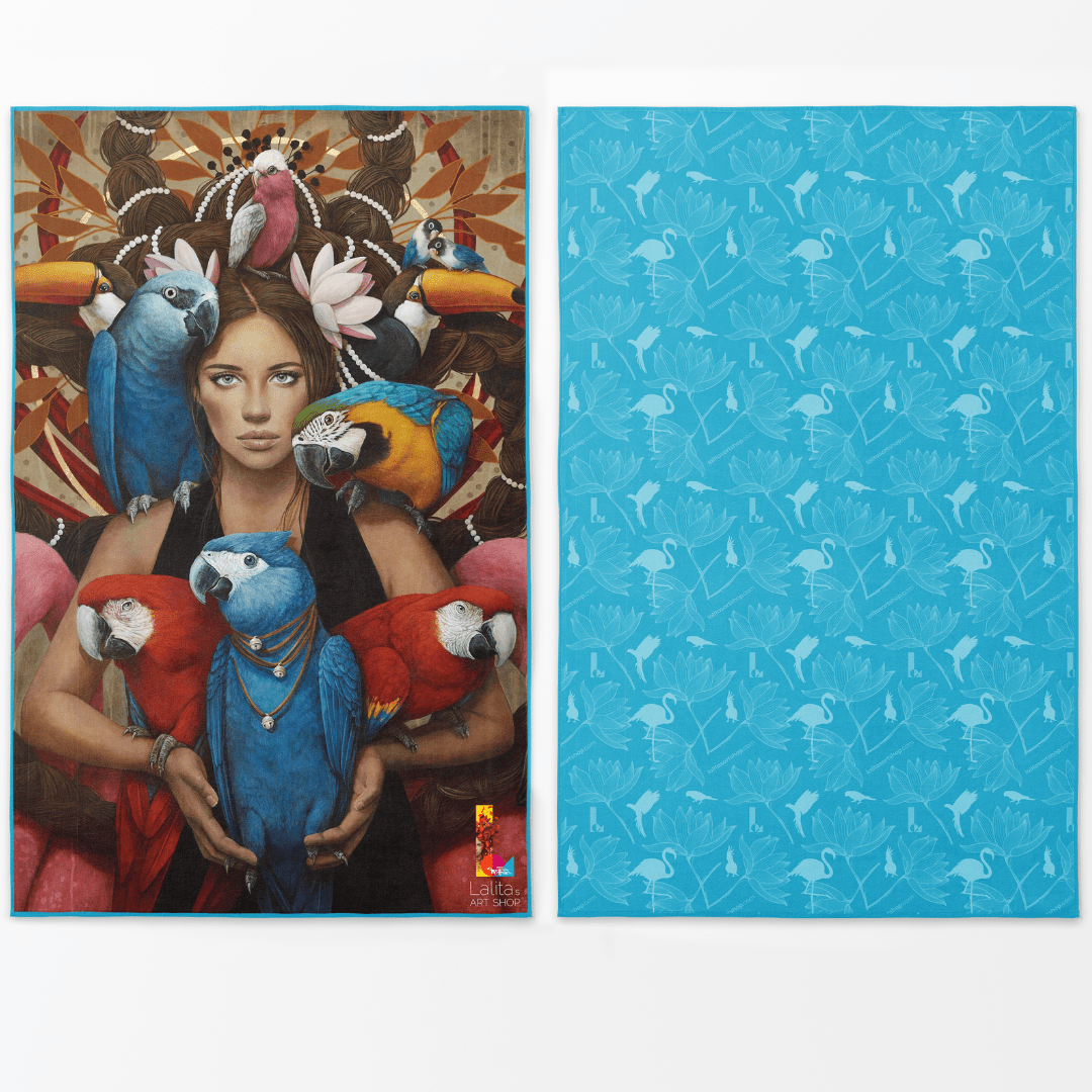 Reversible microfiber towel showing tropical art on one side and blue pattern on the other.
