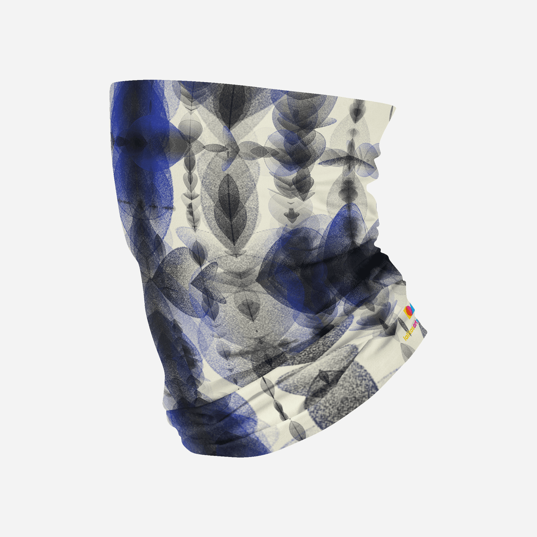A cream-colored multifunctional neck tube with a blue and black abstract feather print.