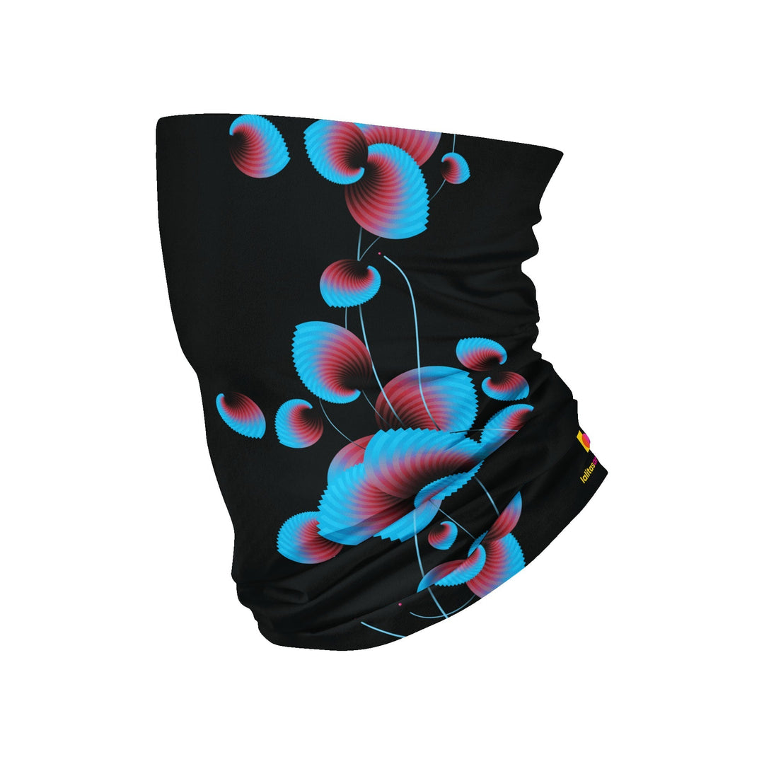 Tube multifonction noir avec un motif floral graphique bleu et rose.