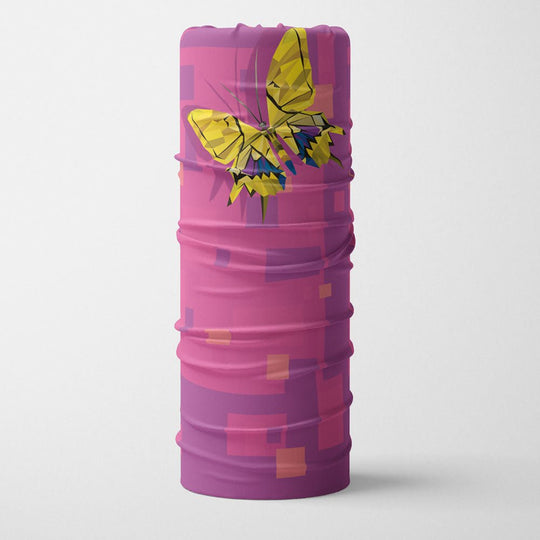 Tube multifonction rose et violet avec un motif papillon jaune, présenté debout.