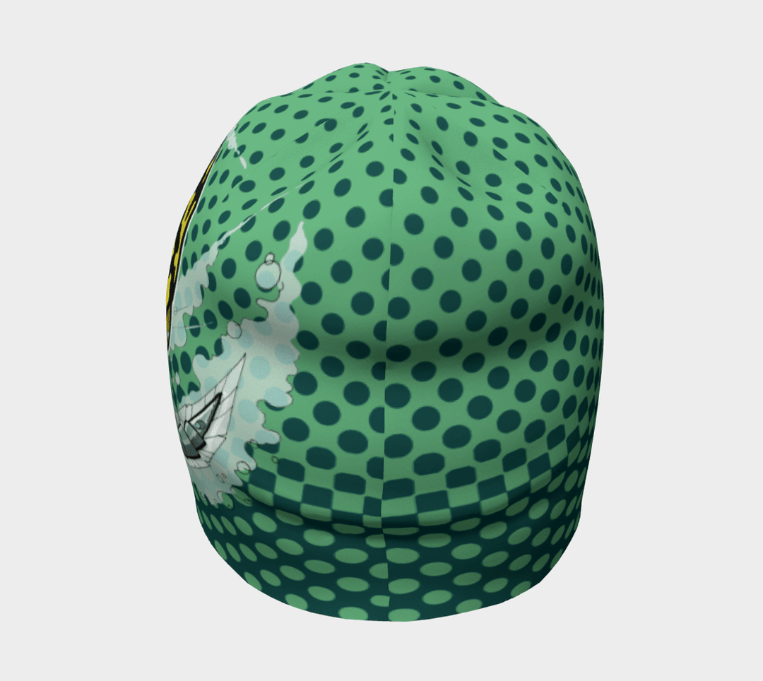 Vue arrière de la tuque Scarabée Plongeur, soulignant le design à pois verts et les éléments artistiques.