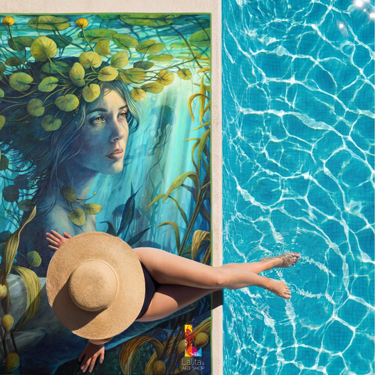 Overhead view of a woman relaxing by a pool, holding a straw hat, with the artistic side of the XL towel spread out beside her.