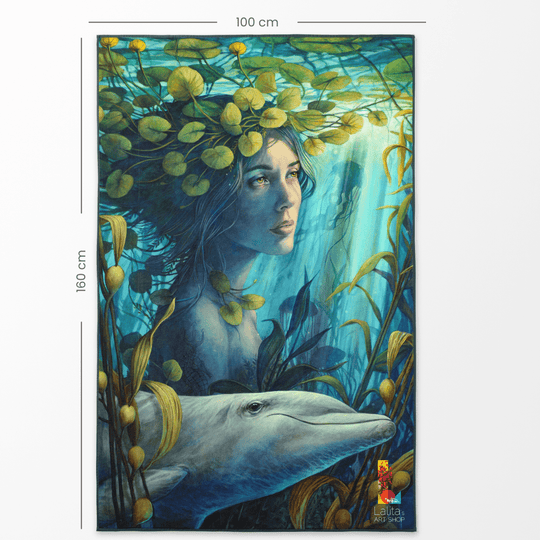 Dimensions of the XL artistic towel shown: 100 cm width and 160 cm height, featuring the underwater scene artwork.