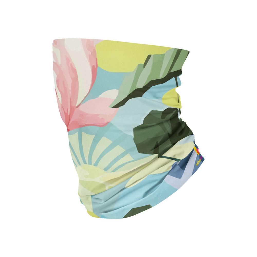 Cache-cou multifonctionnel roulé avec un imprimé d'art floral pastel et d'éclats de soleil.