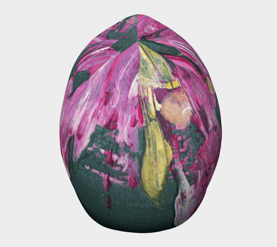 A top-down view of the Flower Glitch Beanie, revealing the full abstract art design and rounded crown.