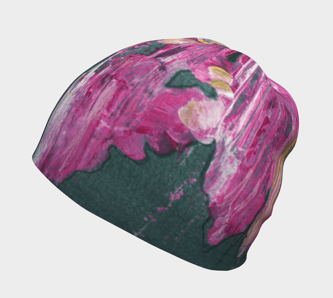 A close-up view of the Flower Glitch Beanie, showcasing the textured brushstrokes of the abstract floral design.