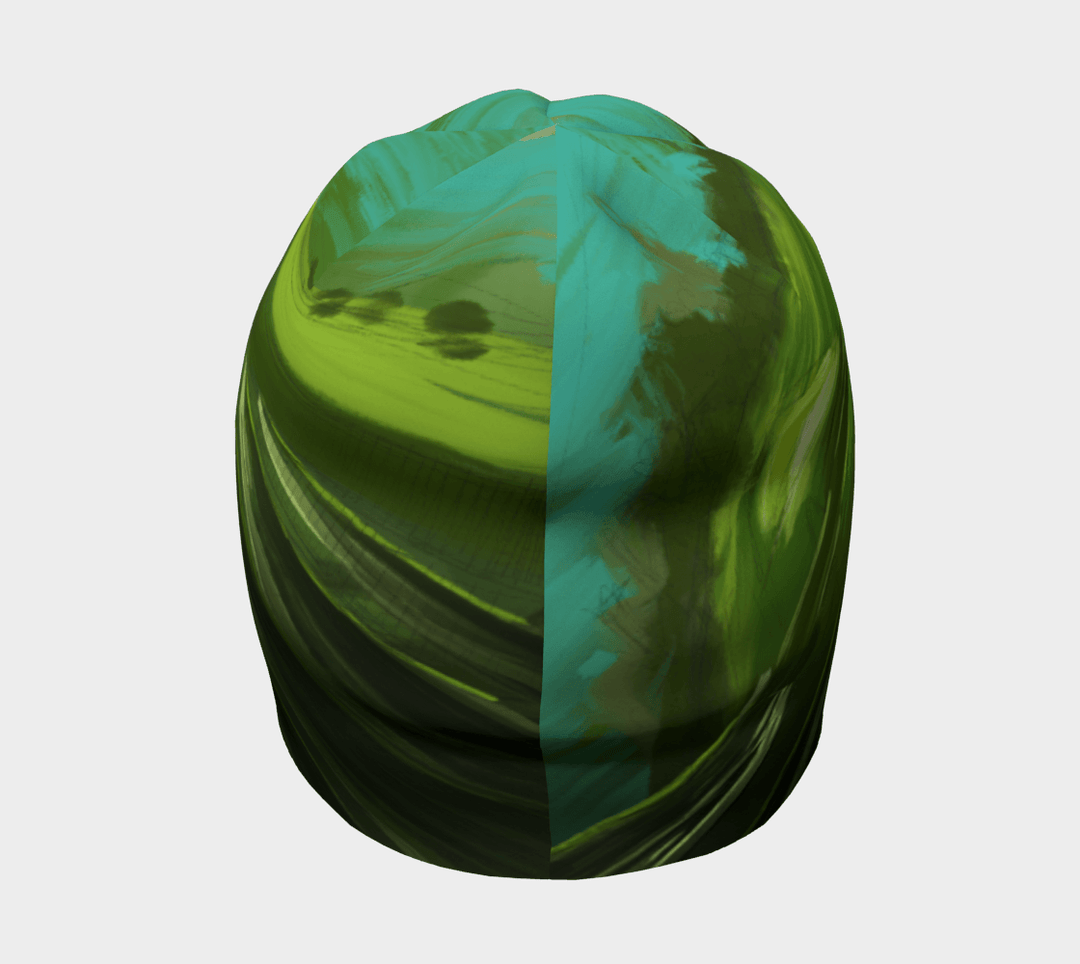 Vue de dessus de la tuque sportive « Feu Vert », révélant le design abstrait vert et turquoise divisé.