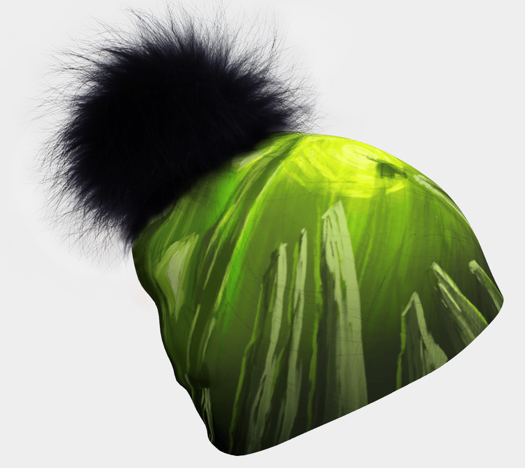 Tuque fine "Green Light" avec un gros pompon noir et pelucheux vue de côté.