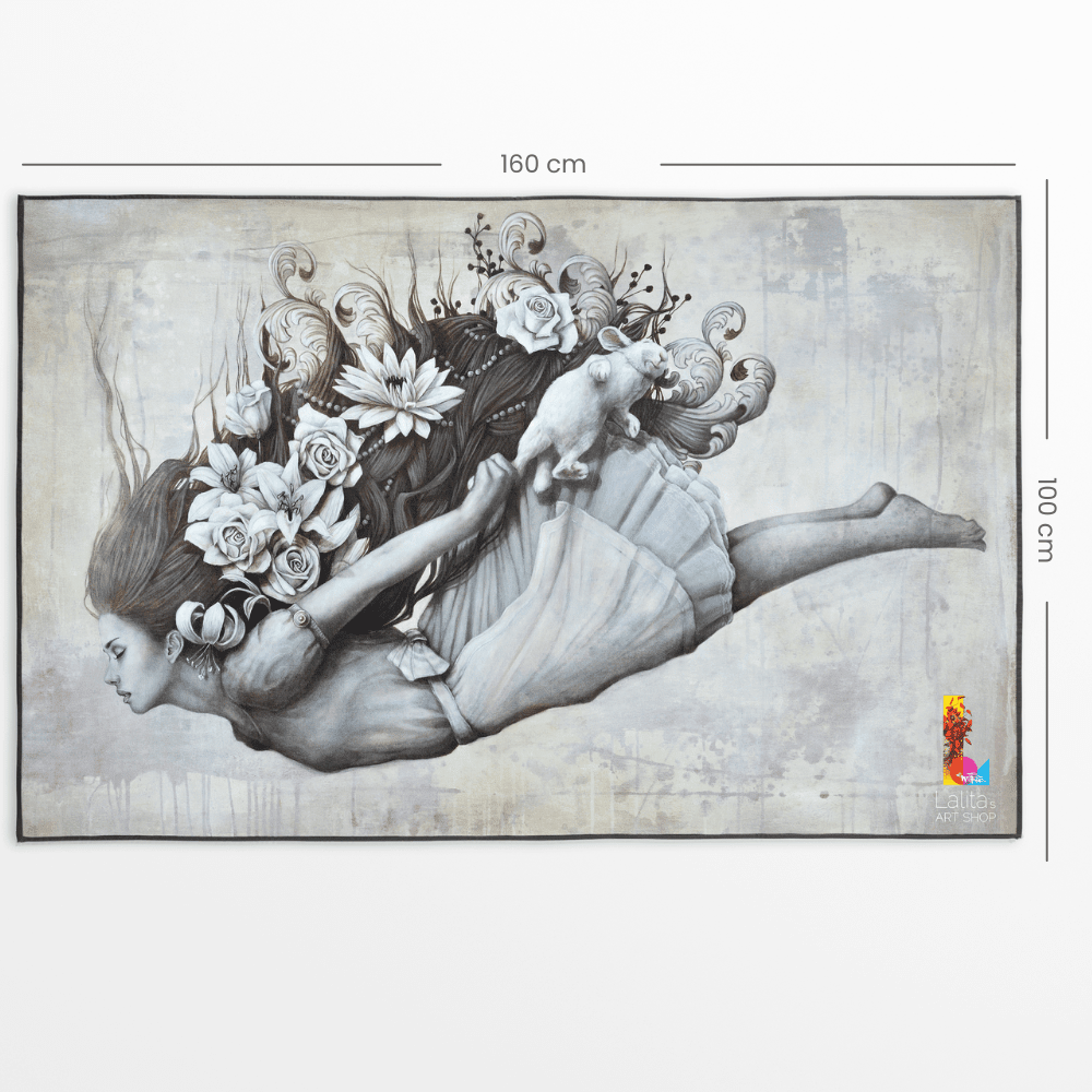 XL reversible artistic towel laid flat, displaying the main artwork and dimensions of 160 cm by 100 cm.