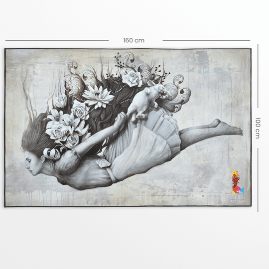 XL reversible artistic towel laid flat, displaying the main artwork and dimensions of 160 cm by 100 cm.