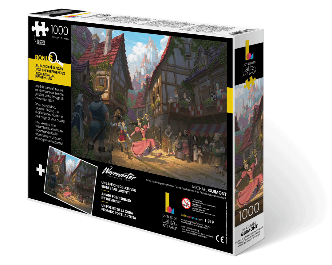 Arrière de la boîte du casse-tête Flânerie en ville ! détaillant le contenu, y compris le tirage d’art signé et le jeu des différences.