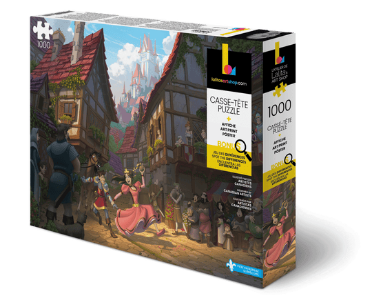 Boîte du casse-tête Flânerie en ville ! montrant une scène de rue médiévale animée avec des personnages colorés.