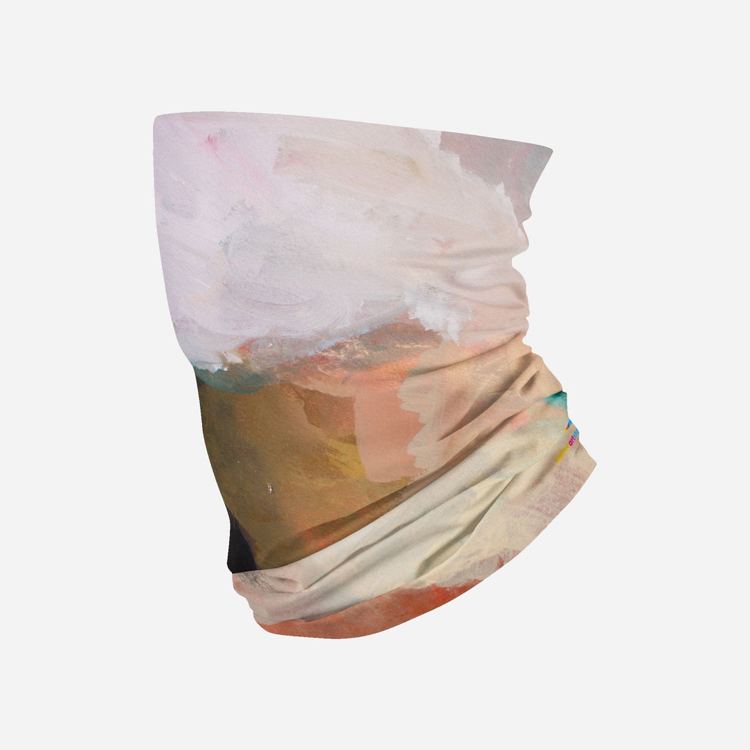 A multifunctional neck tube with a cream, pink, and brown abstract art print displayed on a white background.
