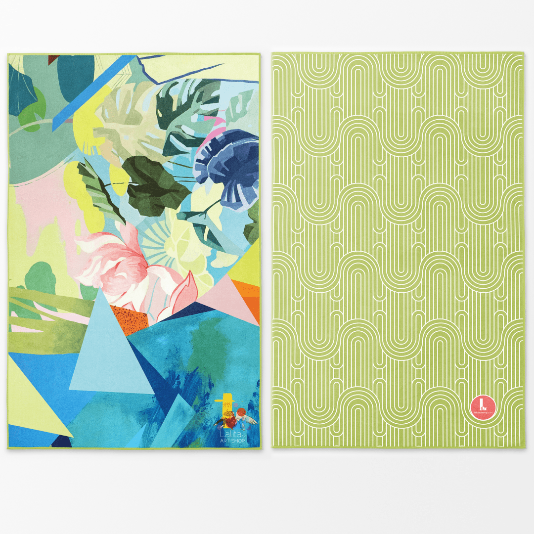 Two sides of a large microfiber towel displayed flat, one with colourful abstract floral art, the other with a green geometric pattern.