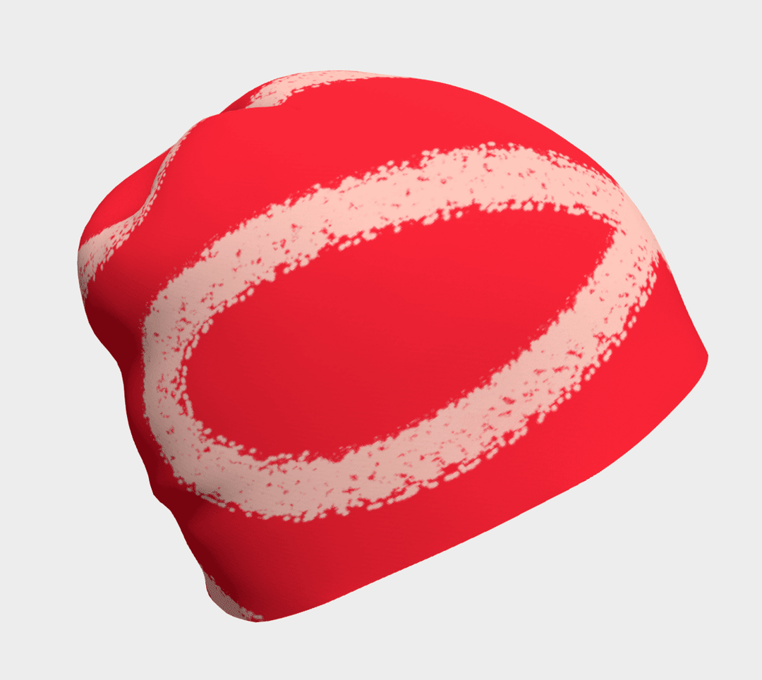 Tuque rouge avec motif abstrait tourbillon pêche, vue de côté.