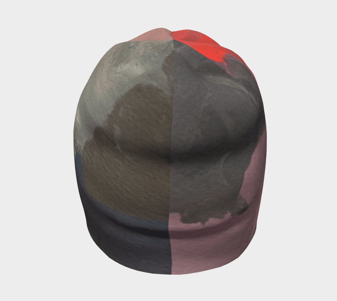 Grey and dark blue abstract brushstrokes on a beanie, shown from the back.