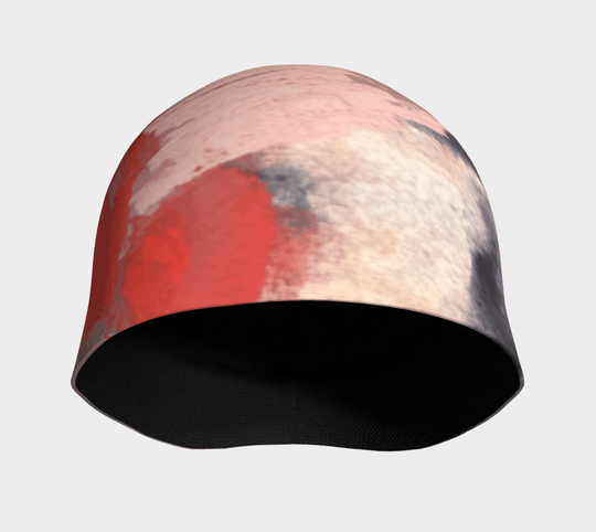 Inside view of a black bamboo-lined beanie with abstract art exterior.