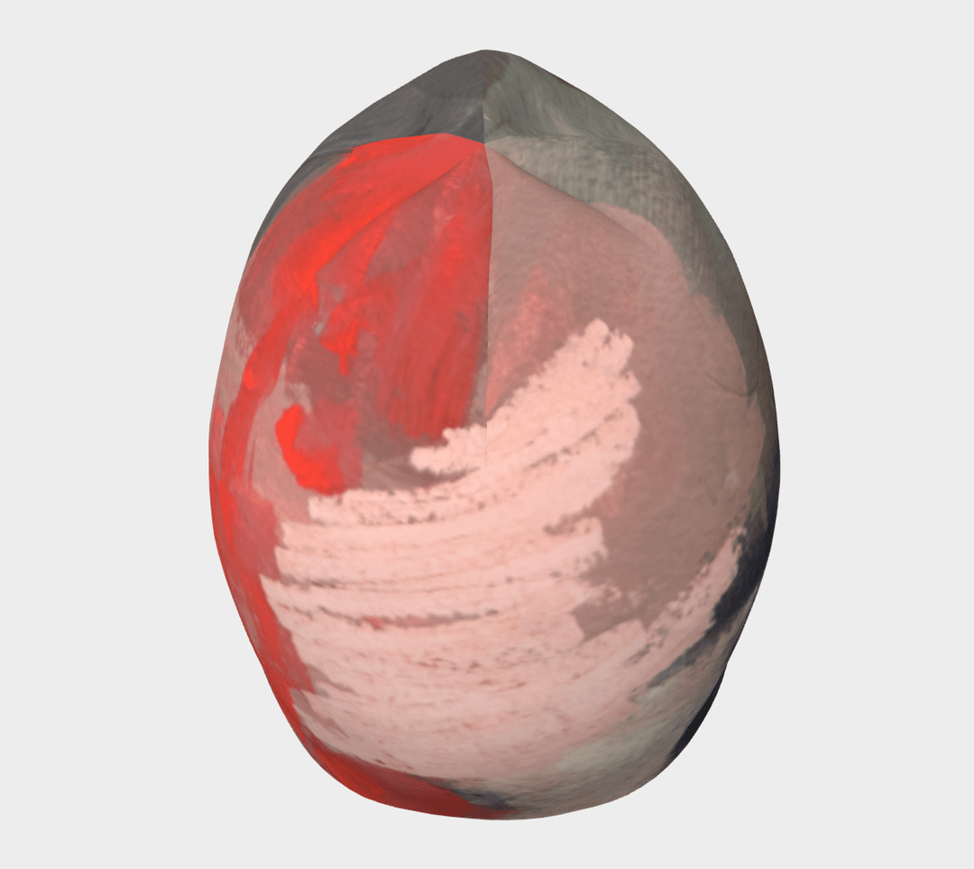 Top view of a beanie with abstract pink, red, and grey brushstrokes.