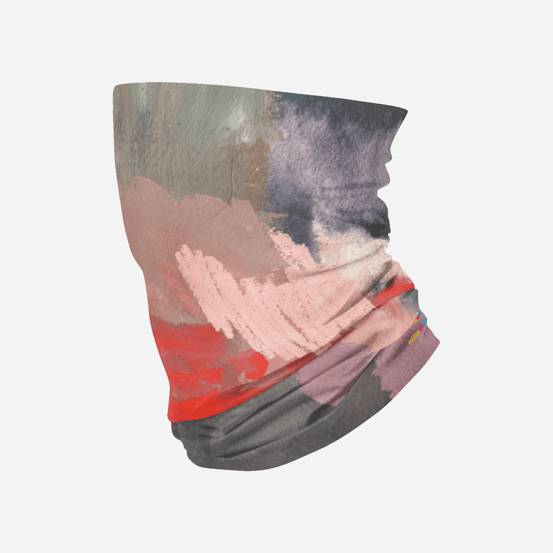 A Pink & Flames Multifunctional Tube with abstract brushstrokes in pink, red, grey, and purple.