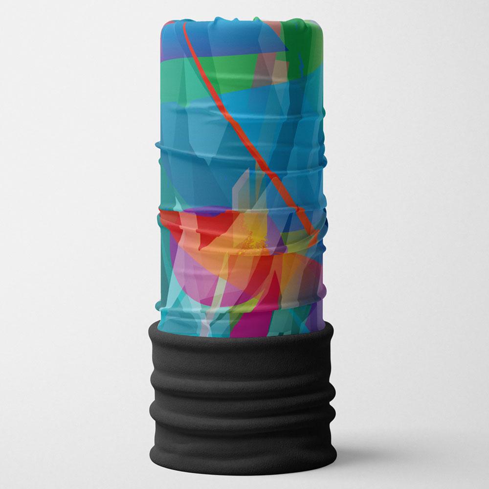 Tube cache-cou vertical avec un imprimé abstrait aux couleurs vives bleu, vert et orange et une doublure en molleton noir.