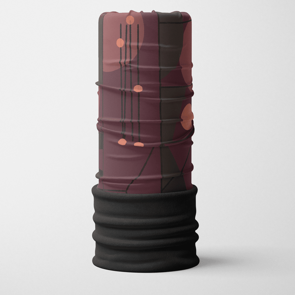 Un tube de cou cylindrique haut avec un motif géométrique violet et gris foncé sur fond blanc.