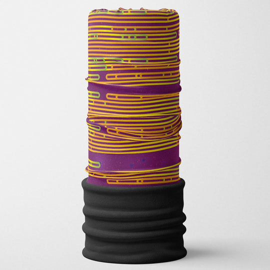 A purple multifunctional tube with a yellow and green abstract line pattern, shown upright.