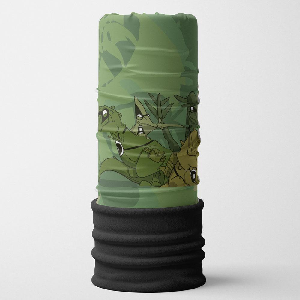 Tube multifonction à imprimé dinosaures vert et brun avec un bord inférieur côtelé noir