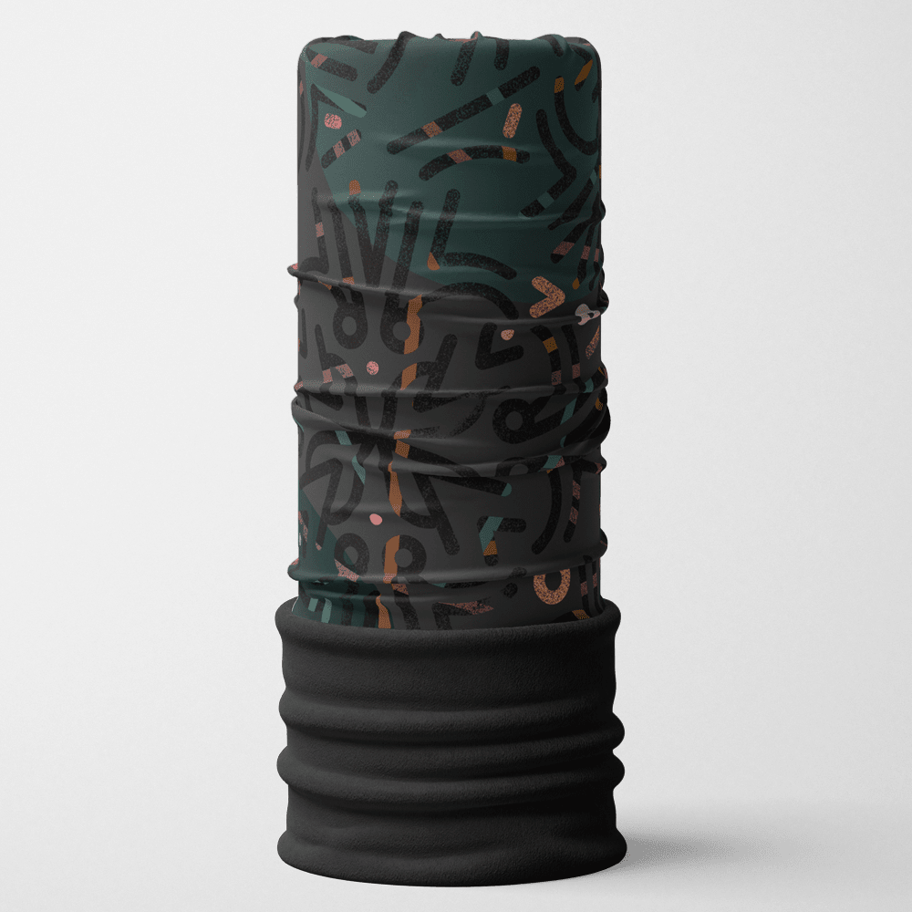 Un grand tube multifonction gris foncé avec une bande noire en bas, orné d'un motif graphique abstrait foncé.