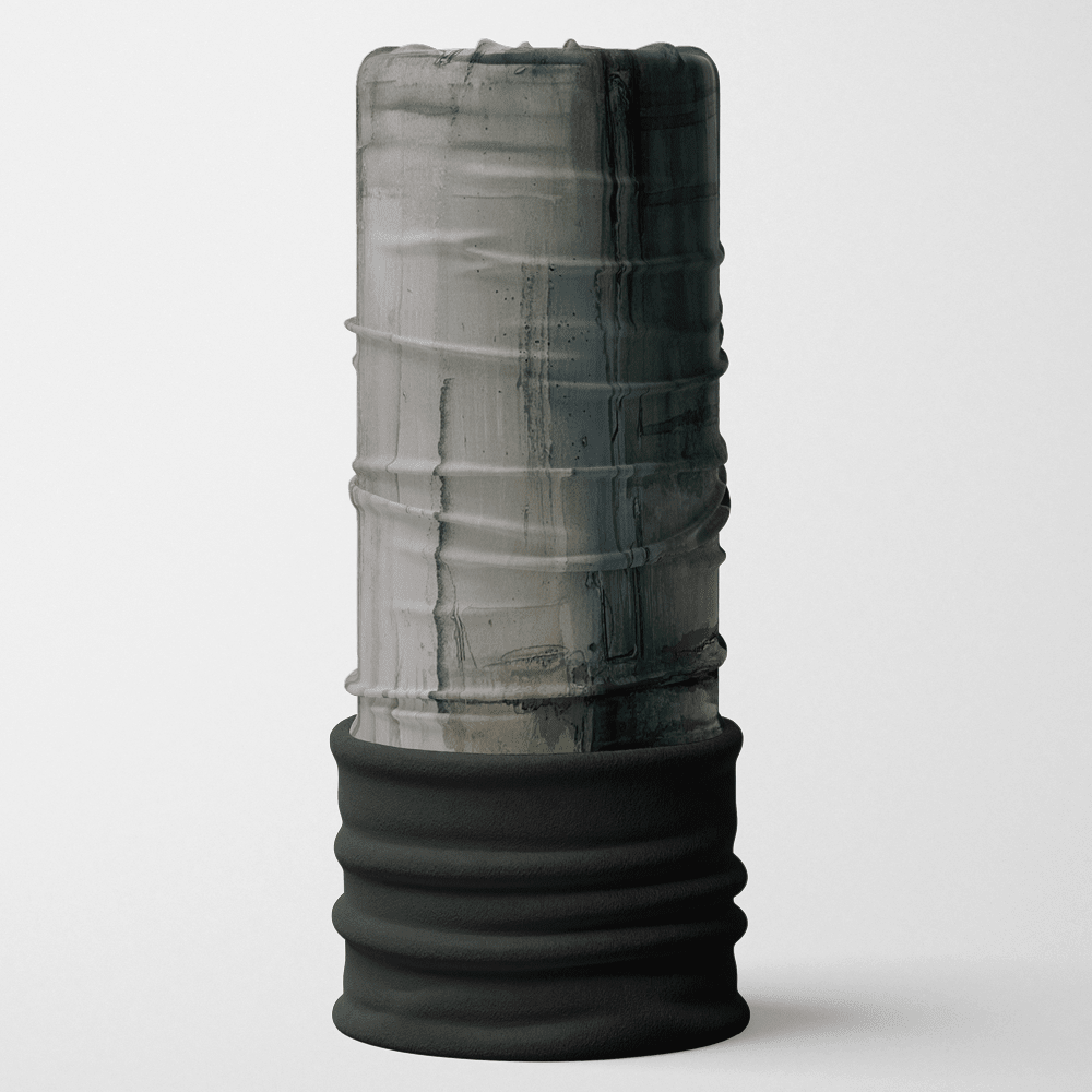 A tall, cylindrical multifunctional neck tube with a black, textured bottom band and a grey and black abstract print resembling concrete or stone on the upper portion.