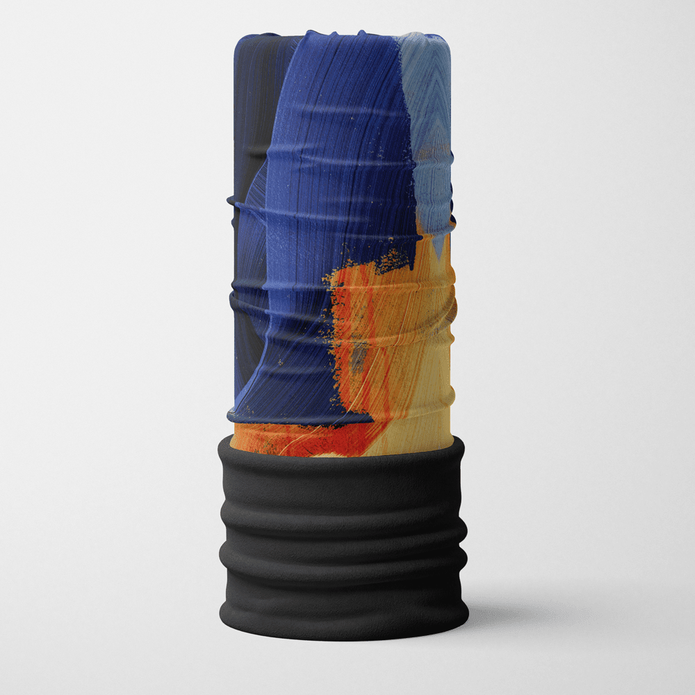 Tube multifonctionnel POLAR Jaune et Bleu, cache-cou avec motif abstrait artistique en bleu et orange.