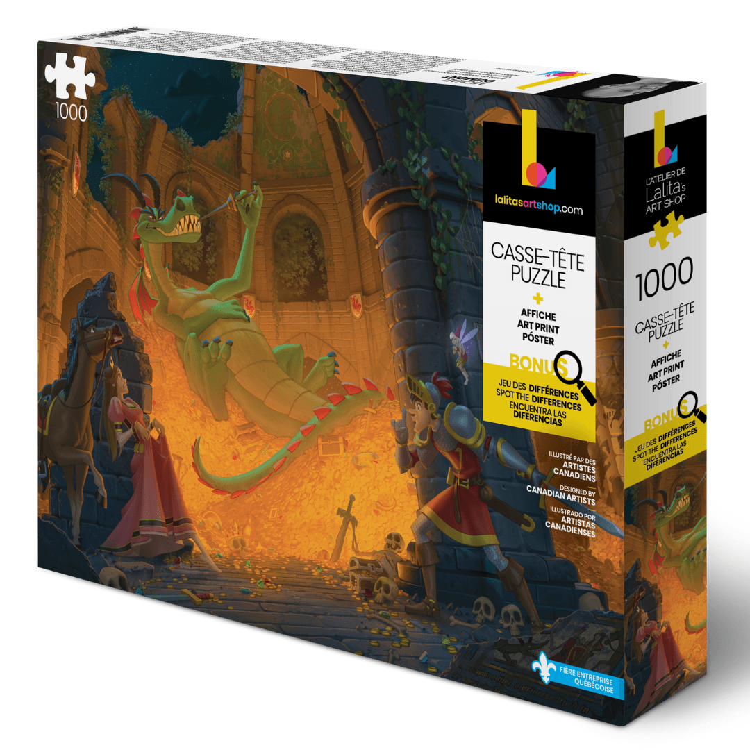 Boîte de casse-tête représentant un dragon, des chevaliers et des princesses dans un trésor médiéval.