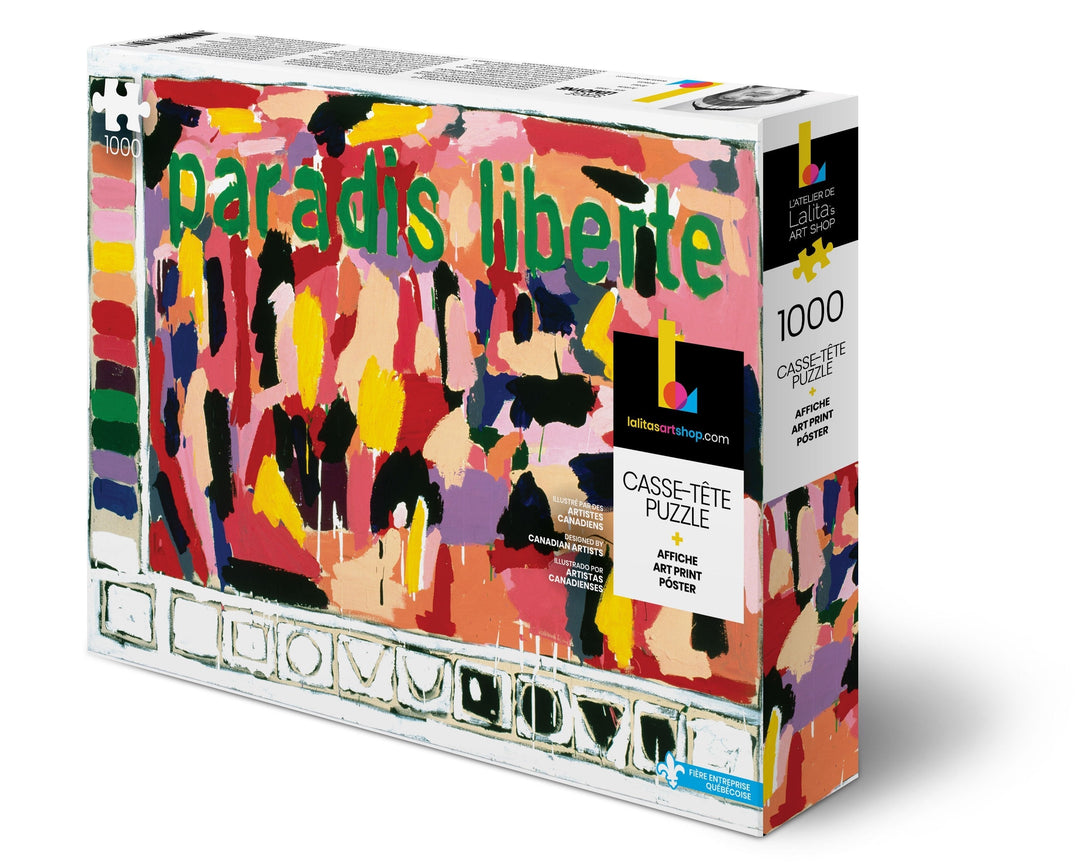 Box for the 1000-piece Puzzle Paradis Liberté featuring abstract art with the text &