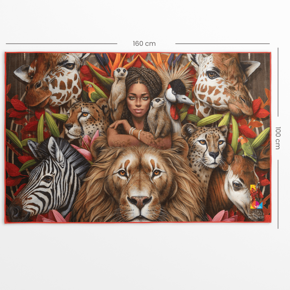 XL reversible artistic towel with dimensions 160 cm and 100 cm clearly marked on the artwork side.
