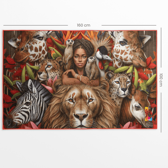 XL reversible artistic towel with dimensions 160 cm and 100 cm clearly marked on the artwork side.