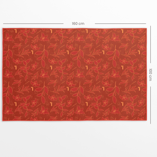 XL reversible artistic towel with dimensions 160 cm and 100 cm clearly marked on the red floral patterned side.