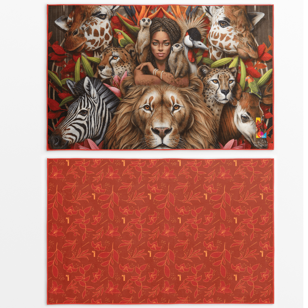 XL reversible artistic towel featuring a vibrant wildlife and portrait design on the front and a red floral pattern on the back.