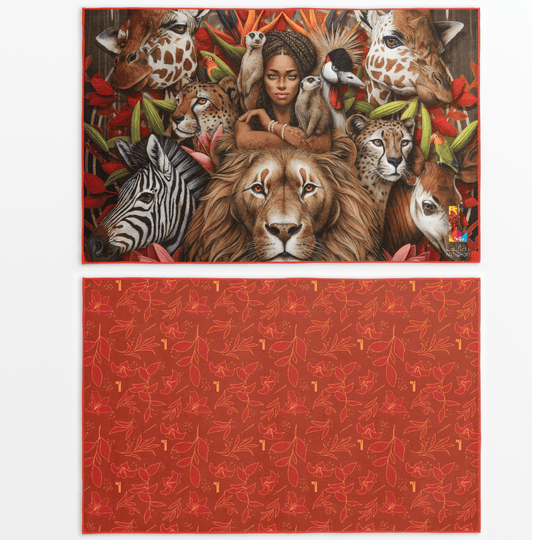 XL reversible artistic towel featuring a vibrant wildlife and portrait design on the front and a red floral pattern on the back.