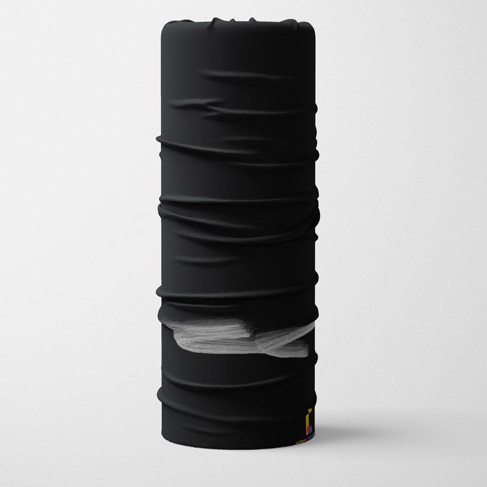Tube multifonctionnel noir avec un échantillon d'art de coup de pinceau blanc sur tissu gris sur fond blanc.