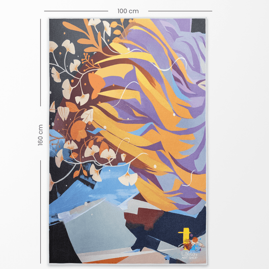 Serviette réversible en microfibre printanière dépliée avec des dimensions de 100 cm x 160 cm, présentant une œuvre d&