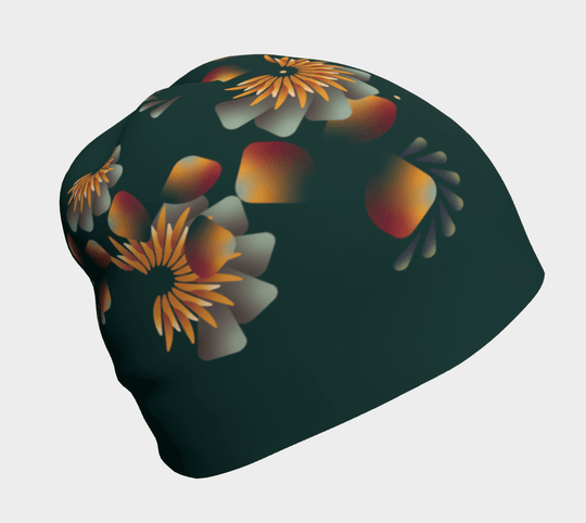 Tuque vert foncé avec un motif floral dispersé de fleurs oranges, jaunes et rouges.