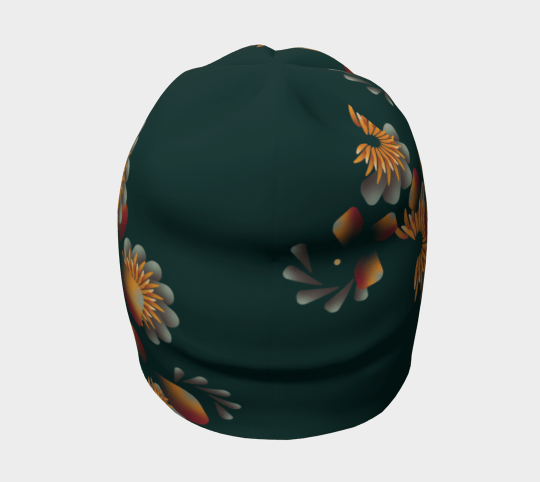 Tuque vert foncé pour femme avec un motif floral audacieux et artistique aux teintes chaudes.