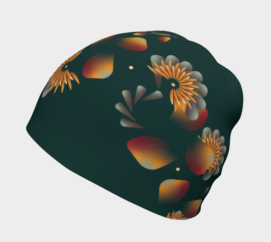 Tuque vert foncé avec un motif répétitif de tournesols stylisés et de pétales.
