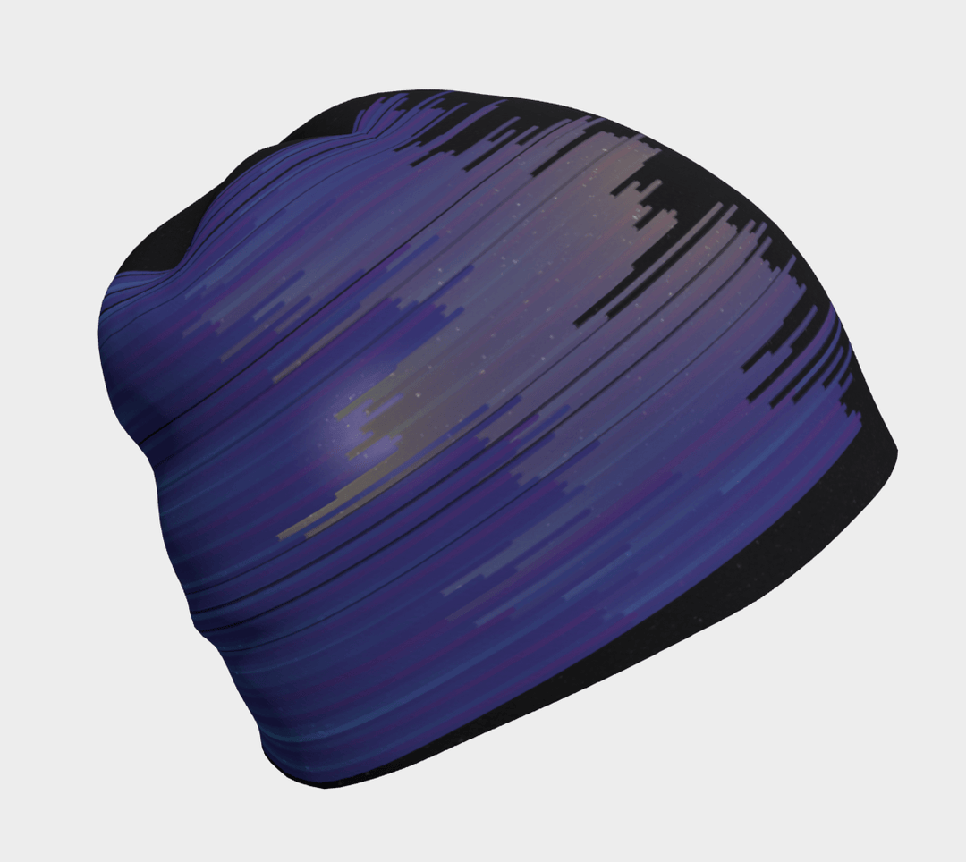 Vue de côté de la tuque unisexe « Black War », mettant en valeur son design abstrait rayé violet et bleu.
