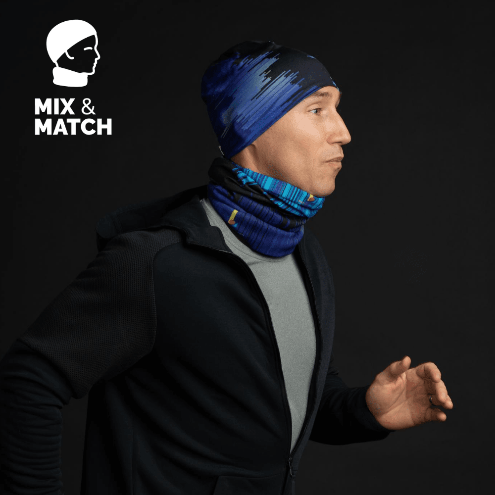 Mannequin portant la tuque « Black War » et le cache-cou assorti pour une course, démontrant la combinaison.