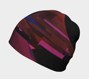 Left side view of the classic City Beanie hat illustrated by Street Artist Ankhone. This abstract red, blue, black and purple pattern was inspired by a city. for men and women and adult and children
