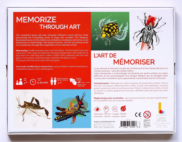Back view of the Discover Bugs and Crawlies Memory Game. Learn through Art and Play! Discover the world around you with this educational memory game! 