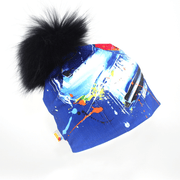 Abstract Blue Beanie With Removable Pompom