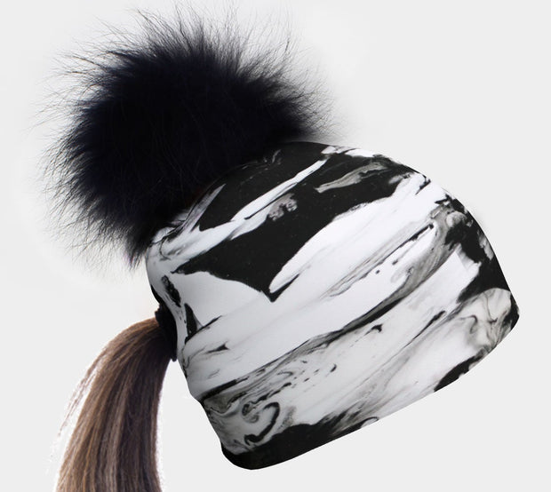 B&W Beanie with Ponytail Hole and Removable Pom for Women