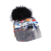 Side view of the Gray Wolf pom Beanie hat illustrated by young artist Megane Fortin