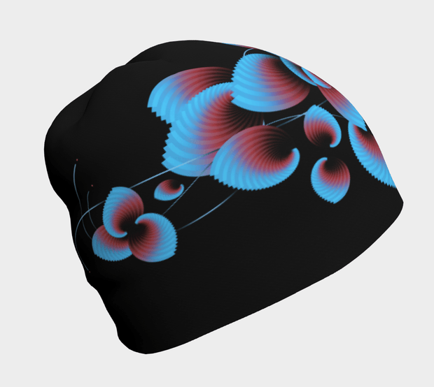 Right side view of the Blue, pink and black bamboo beanie hat Blue Flowers illustrated by the talented Zaire